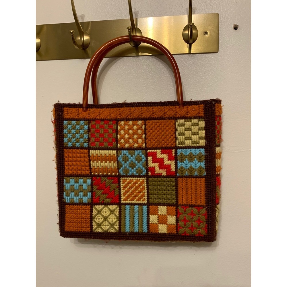 Handmade Patchwork‎ knit Tote Bag purse Tortoise Shell Handles Vintage Unique